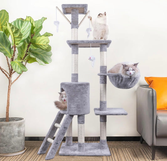 Cat Tree, 145cm Cat Scratch Posts Multi-Level Stable Cat Climbing Tower Cat Activity Trees with Ladder