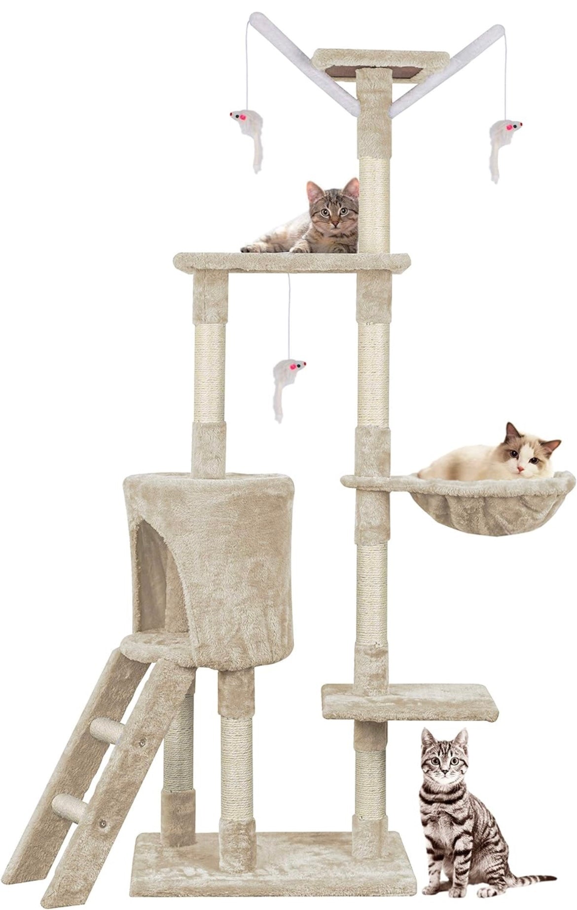 Cat Tree, 145cm Cat Scratch Posts Multi-Level Stable Cat Climbing Tower Cat Activity Trees with Ladder