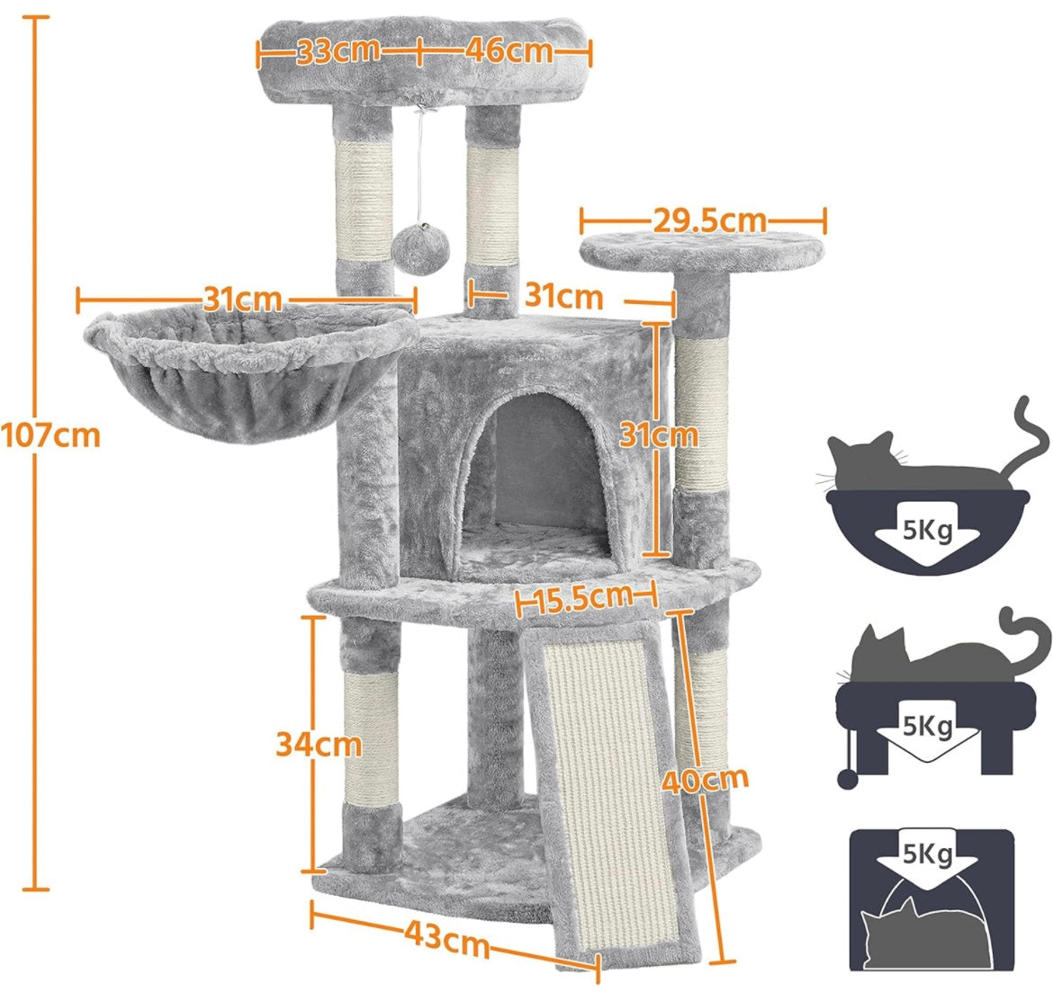 Yaheetech Cat Tree, 107cm Cat Tower for Indoor Cats, Cat Climbing Tree with 5 Scratching Posts