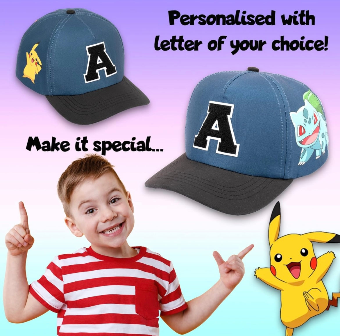 Pokemon Personalised Baseball Cap for Boys Embroidered Letter Adjustable Snapback Kids Hat