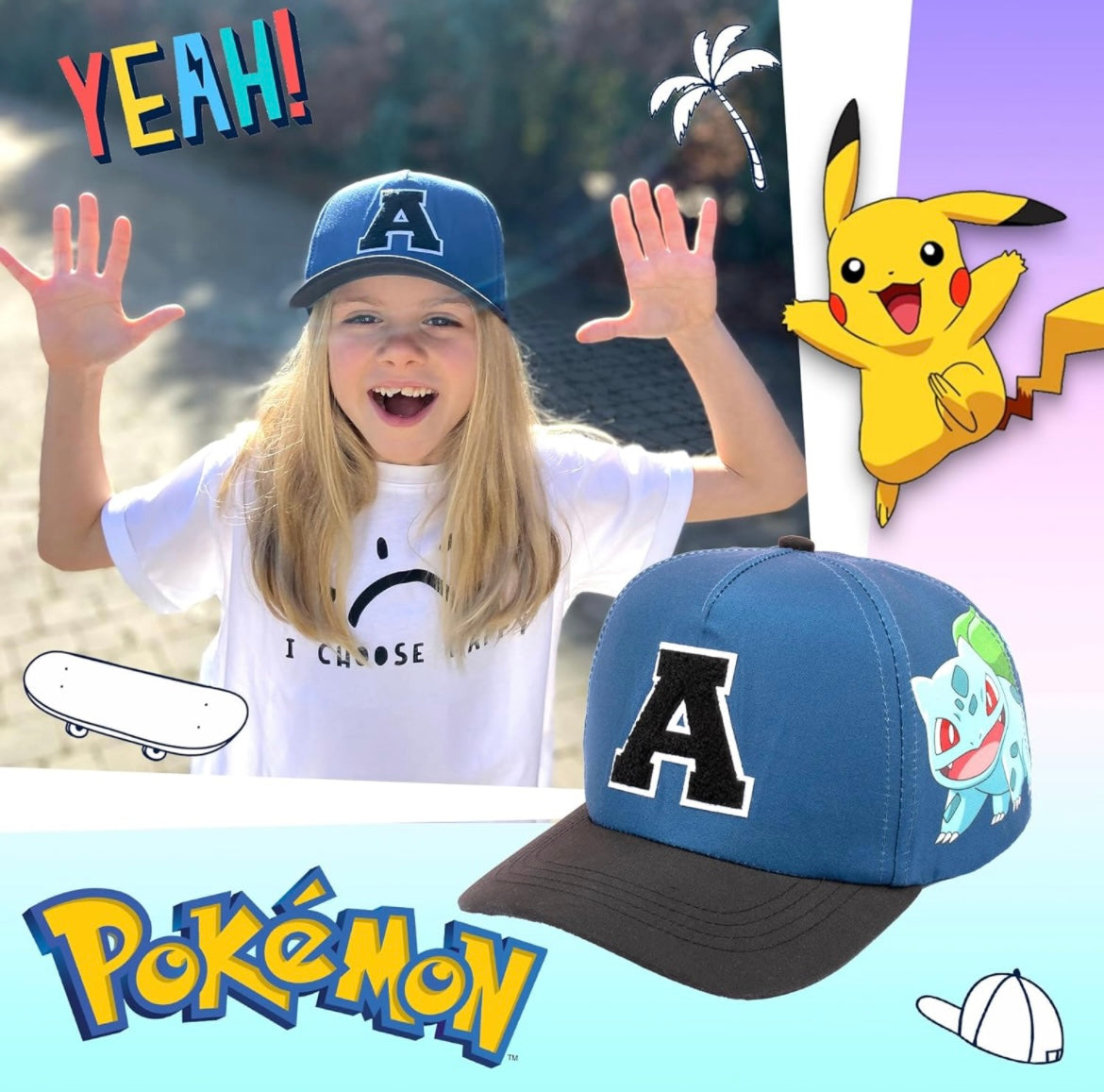 Pokemon Personalised Baseball Cap for Boys Embroidered Letter Adjustable Snapback Kids Hat