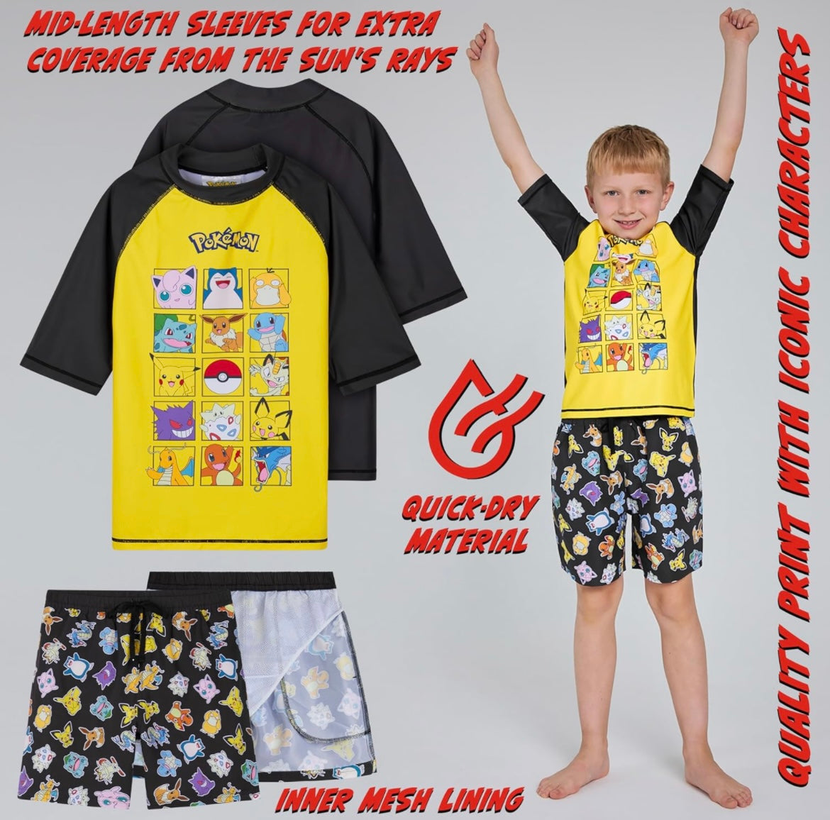 Pokemon Boys 2 Piece Swimwear Set, Swimming Top and Boys Swim Trunks