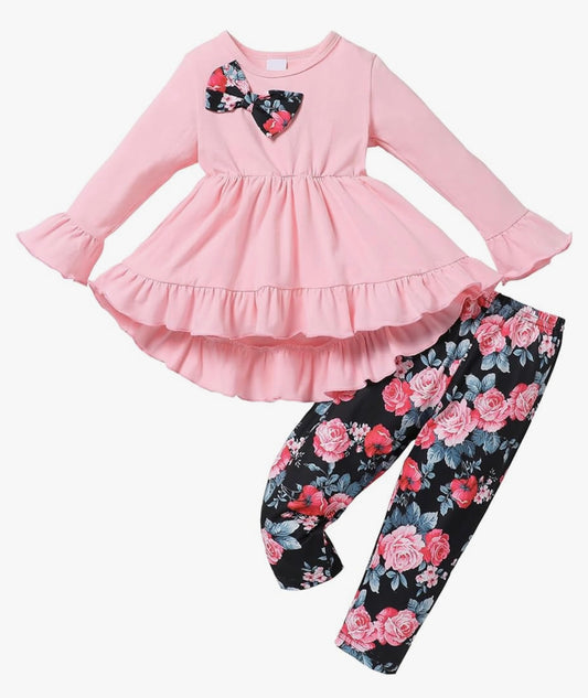 Baby Girl Clothes Long Sleeve Ruffle Bow Solid Shirt Dress Tops and Floral Pants Girls Fall Clothes Sets