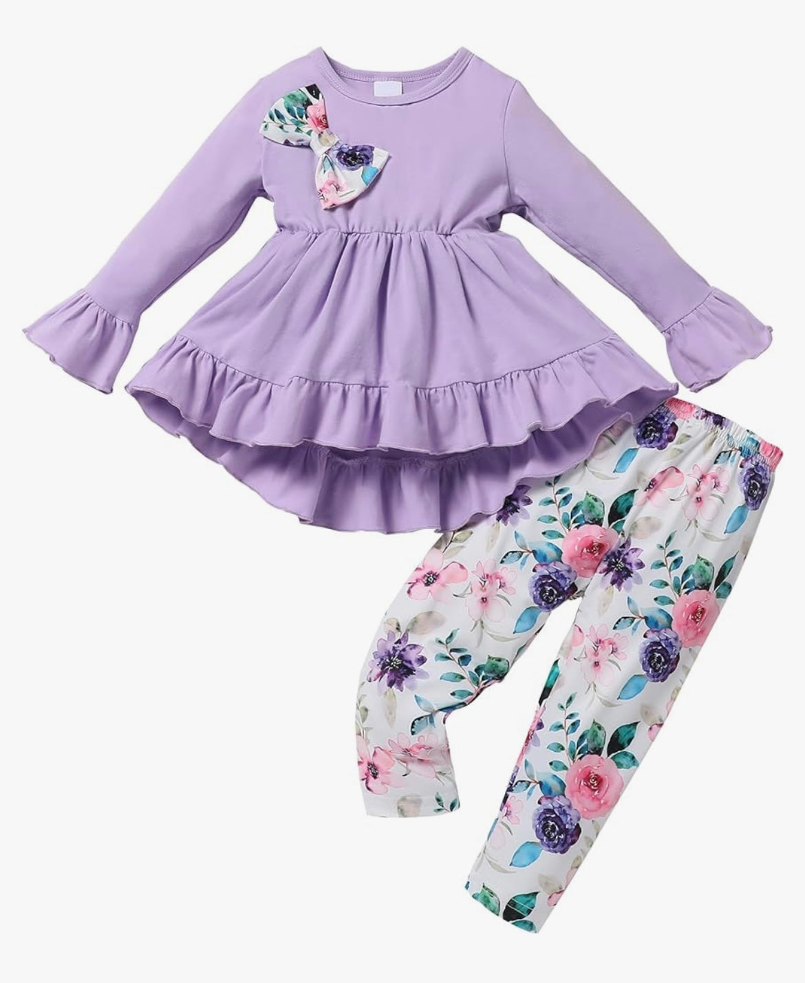 Baby Girl Clothes Long Sleeve Ruffle Bow Solid Shirt Dress Tops and Floral Pants Girls Fall Clothes Sets