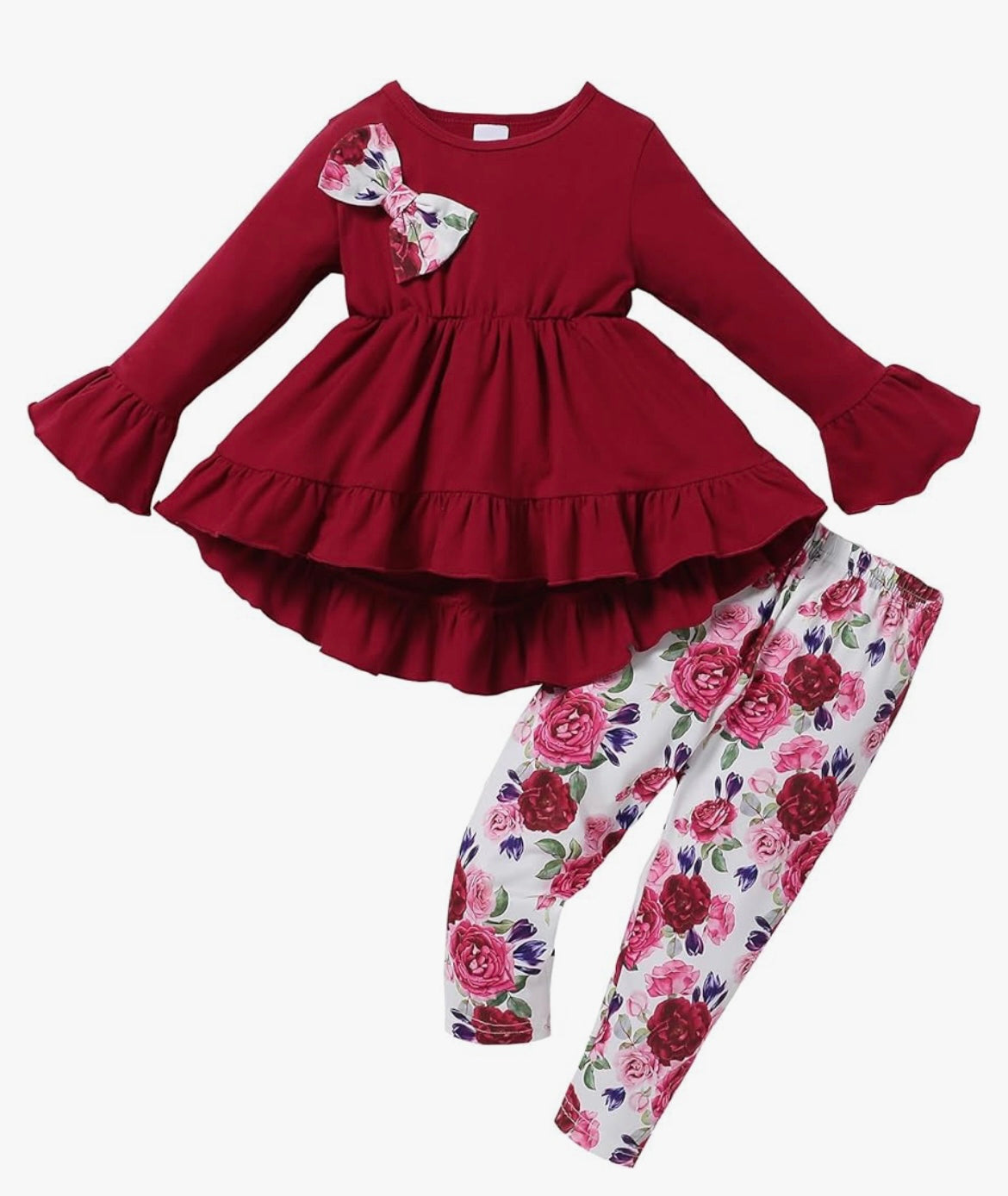 Baby Girl Clothes Long Sleeve Ruffle Bow Solid Shirt Dress Tops and Floral Pants Girls Fall Clothes Sets