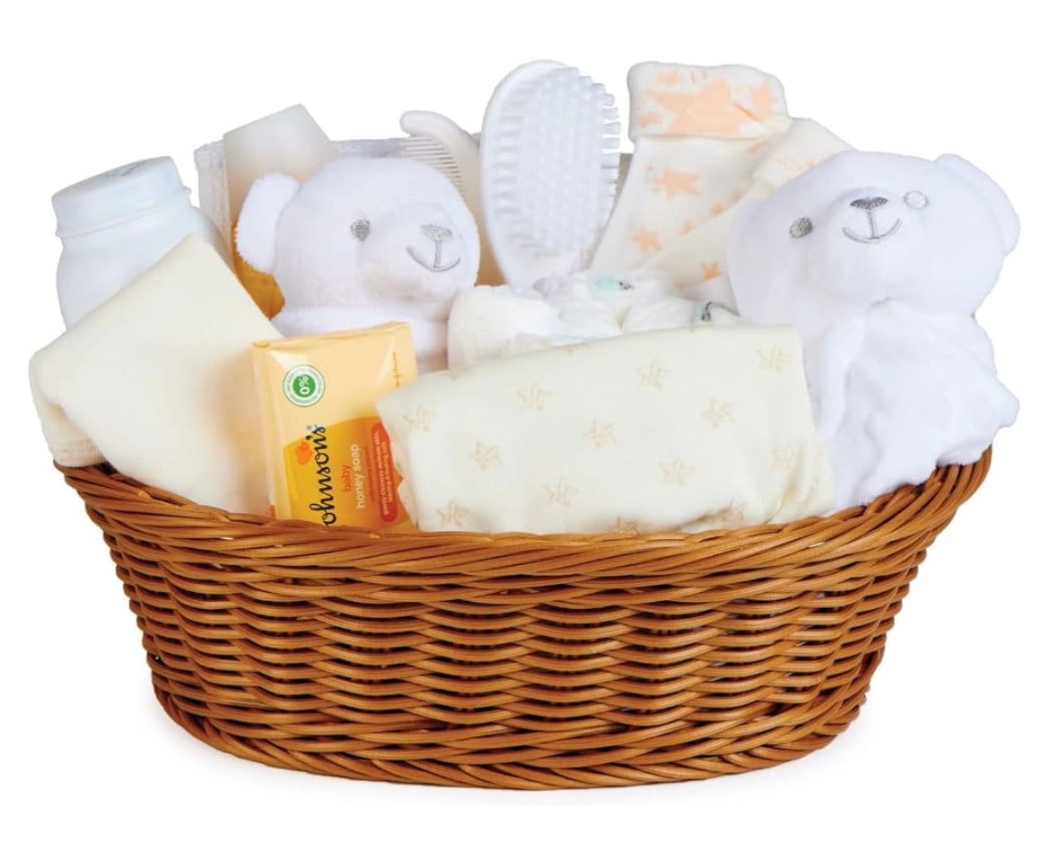 17 Baby Essentials for Newborn Unisex Perfect as Gender Reveal Gifts, Baby Shower Gifts & Christenings - Unisex Baby Gifts, Baby Hamper for Newborn Unisex in Rattan Basket