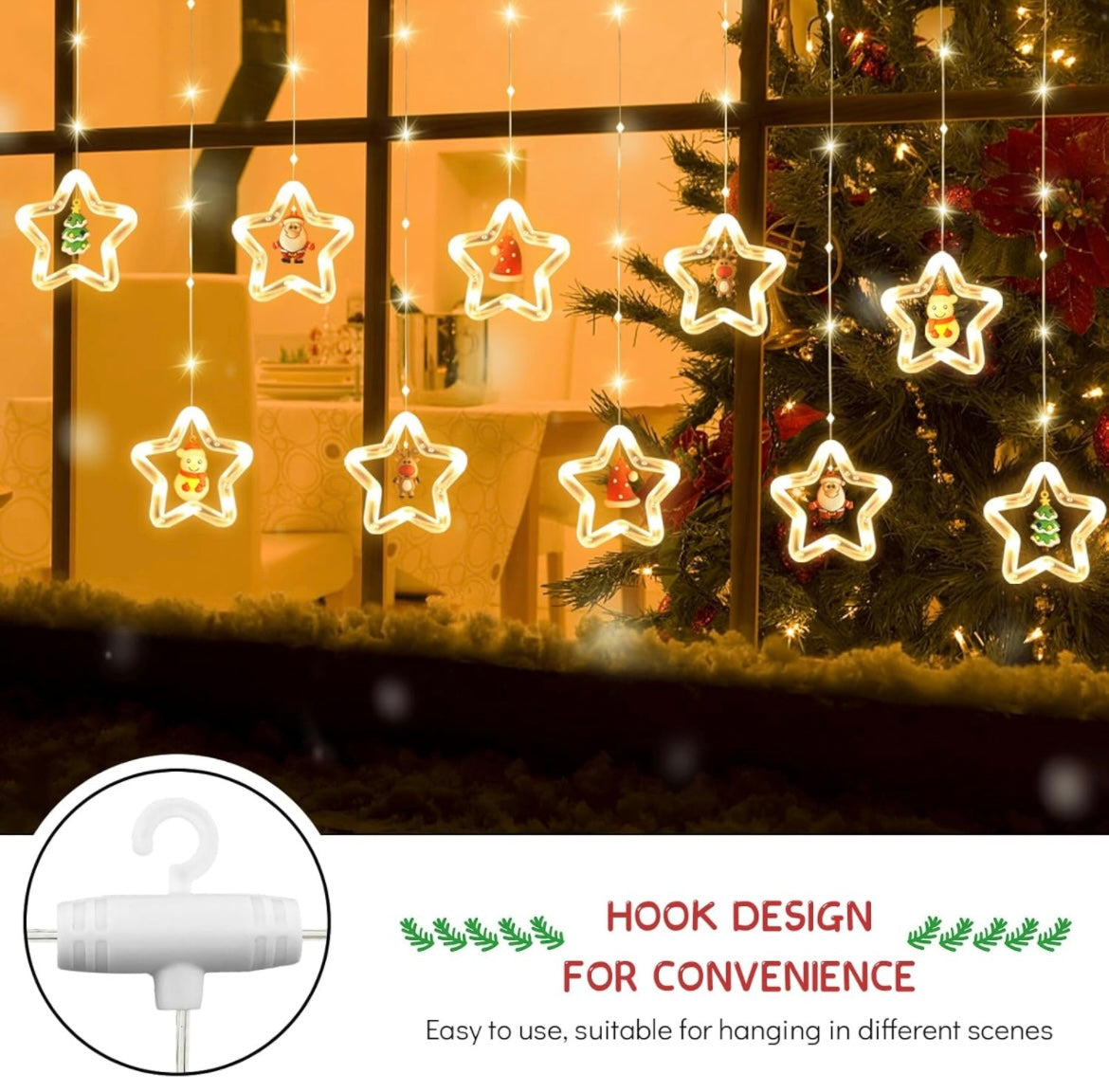 LED Stars Curtain Lights 3.5M*3.5M Christmas Window Curtain String Lights Fairy 3D Twinkle Lights with USB+Battery-Powered and 8 Flashing Modes for Indoor Xmas Party Decoration (Warm White)