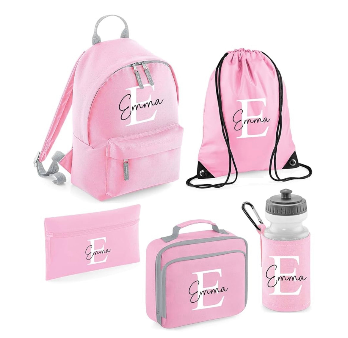 Personalised Kids Back To School Kit with Custom Name & Initial | Pink Backpack, Lunch Bag, PE Bag, Pencil Case & Water Bottle | Ideal for Girls Starting Nursery or School