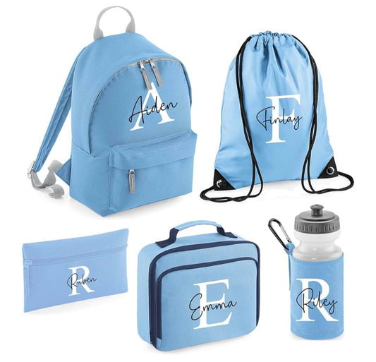 Personalised Kids Back to School Kit with Custom Name & Initial | Blue Backpack, Lunch Bag, PE Kit, Pencil Case & Water Bottle | Ideal for Boys Starting Nursery or School