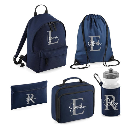 Personalised Kids Back To School Kit with Custom Name | Navy Blue with Grey Initial Backpack, Lunch Bag, PE Kit Bag, Pencil Case & Water Bottle | Perfect for Boys & Girls Starting Nursery or School