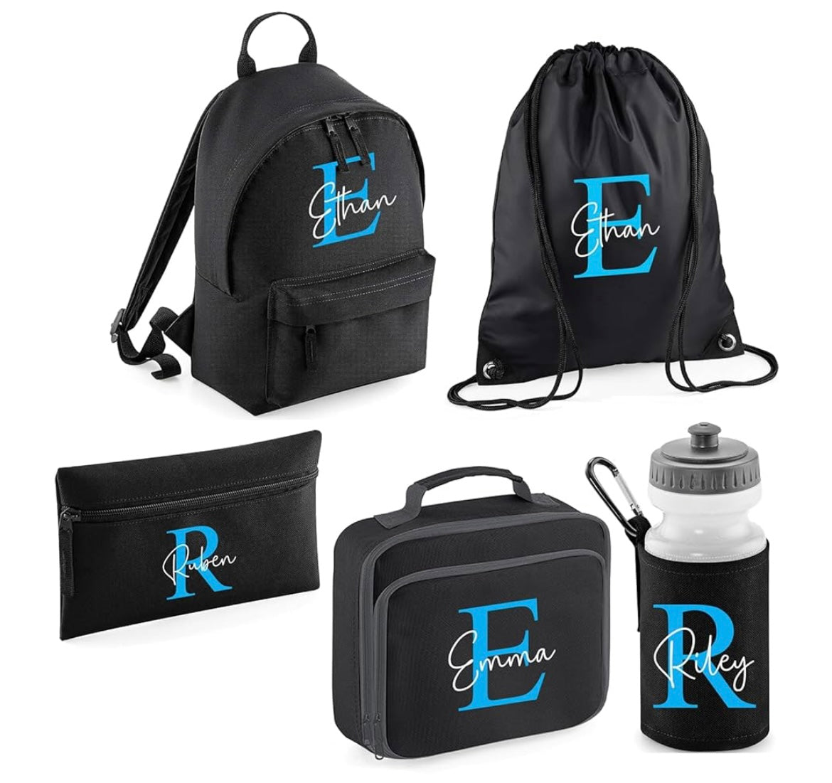 Personalised Kids Back To School Kit with Custom Name & Initial | Black with Blue Initial Backpack, Lunch Bag, PE Bag, Pencil Case & Water Bottle | Ideal for Boys Starting Nursery