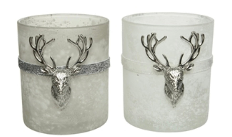 2 Asst Glass Deer Tealight Holder 10cm