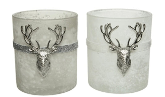 2 Asst Glass Deer Tealight Holder 10cm