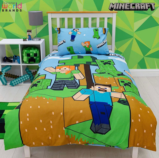 Minecraft Official Single Duvet Cover Set, Epic Design | Blue Reversible 2 Sided Bedding Duvet Cover Official Merchandise Including Matching Pillow Case