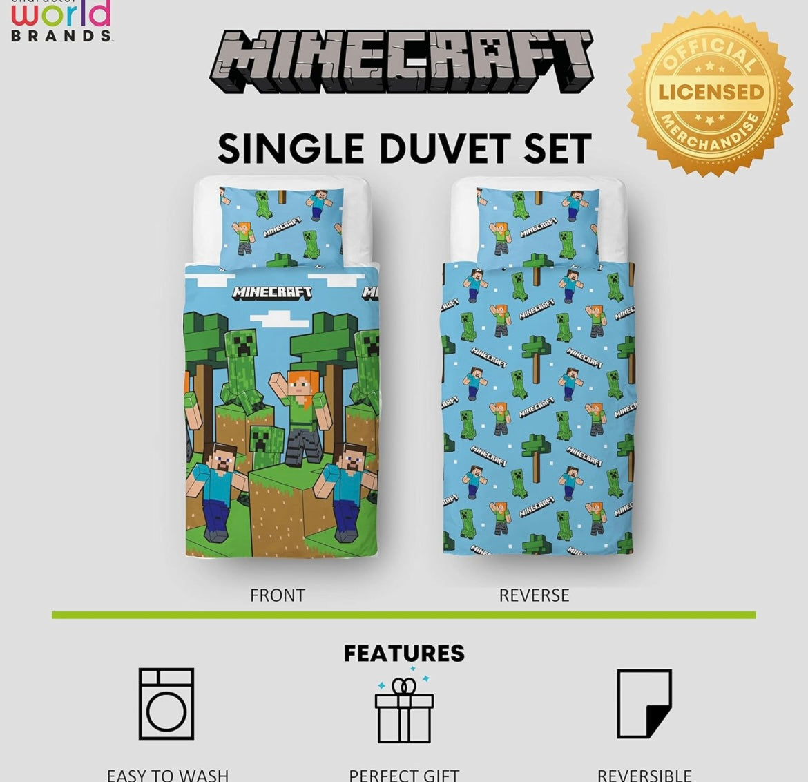 Minecraft Official Single Duvet Cover Set, Epic Design | Blue Reversible 2 Sided Bedding Duvet Cover Official Merchandise Including Matching Pillow Case