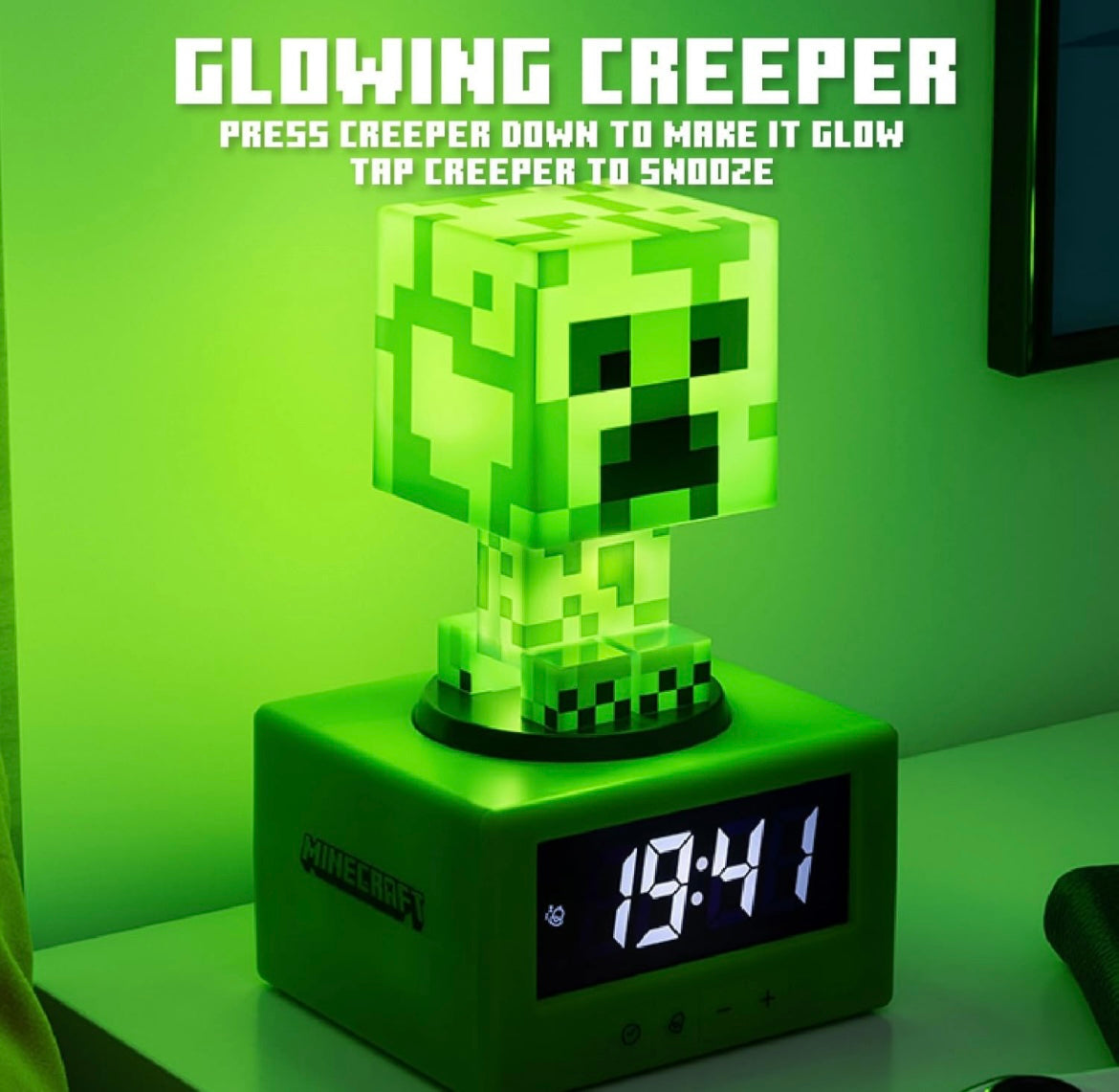 Paladone Minecraft Creeper Icon Alarm Clock - Creeper Glow Mode - Battery Powered - Kids Alarm Clock for Boys