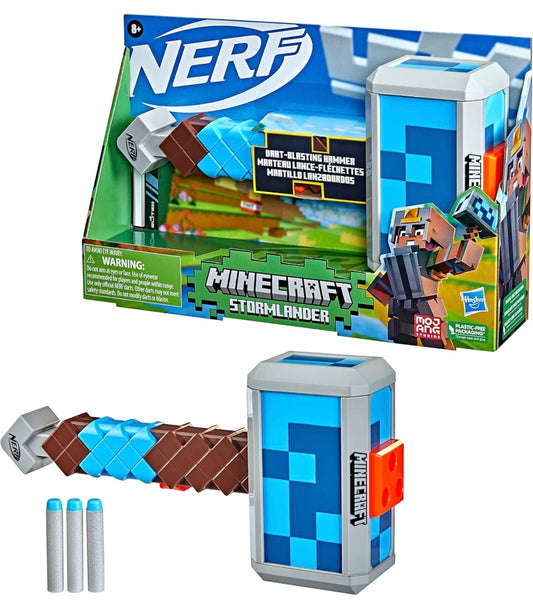 Nerf Minecraft Stormlander Dart-Blasting Hammer, Fires 3 Darts, Includes 3 Nerf Elite Darts, Pull-Back Priming Handle Multicolor