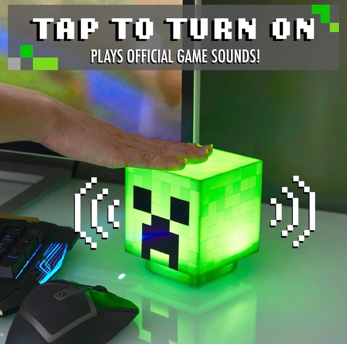 Minecraft Creeper Desk Light with Official Creeper Sounds, Handheld Night Light for Kids Room or Gamer Décor