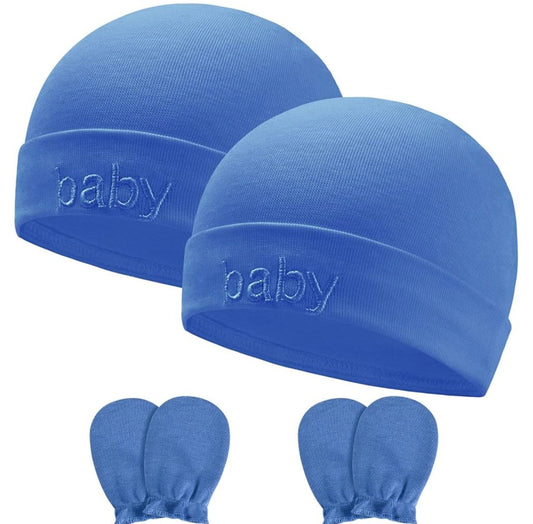 Newborn Baby Hats Mittens Set, 2pcs Baby Hats Caps & 2 Pairs Baby Mittens Gloves