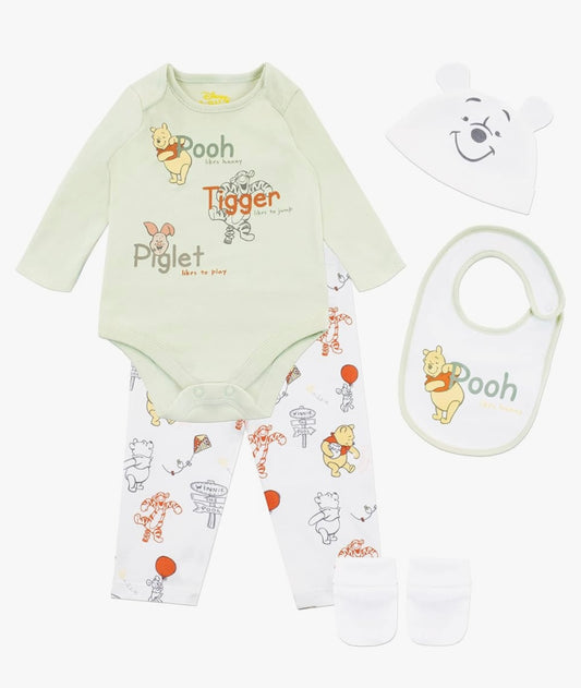 Disney Baby Boys Winnie The Pooh, Tigger and Piglet Bodysuit with Hat and Bib Outfit 5 Piece Set