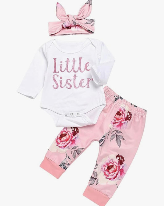 Baby Girl Clothes Set Newborn Outfit Little Sister Romper Top and Rose Printed Pant and Headband 3 Pieces