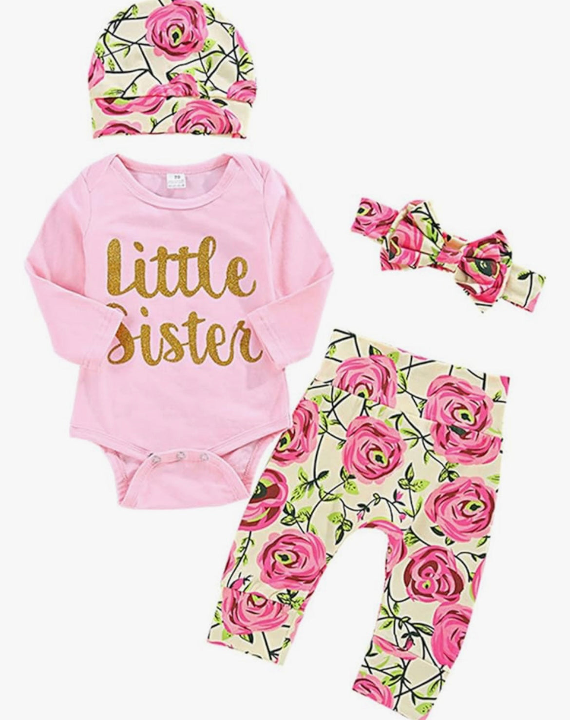 Baby Girl Clothes Set Newborn Outfit Little Sister Romper Top and Rose Printed Pant and Headband 3 Pieces