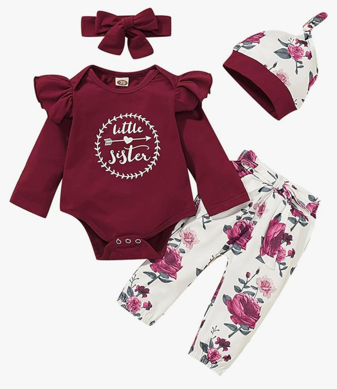 Baby Girl Clothes Set Newborn Outfit Little Sister Romper Top and Rose Printed Pant and Headband 3 Pieces