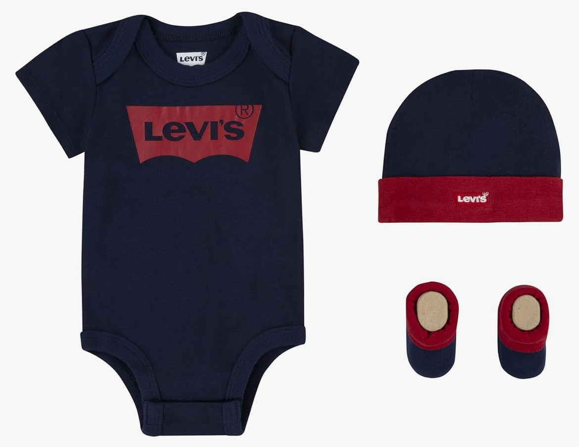 Levi's Baby Boys' Classic Batwing Infant Hat Bodysuit Bootie Set 3pc Toddler