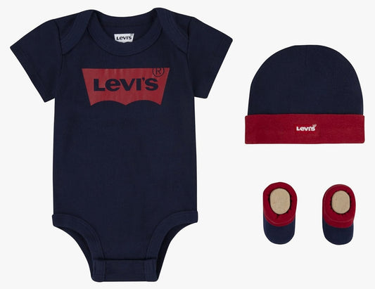 Levi's Baby Boys' Classic Batwing Infant Hat Bodysuit Bootie Set 3pc Toddler