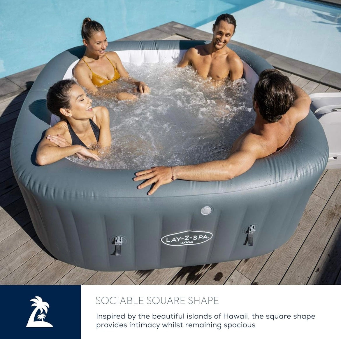 Lay-Z-Spa Hawaii Hot Tub, 8 HydroJet Pro Massage System Inflatable Spa with Freeze Shield Technology and Sociable Square Shape