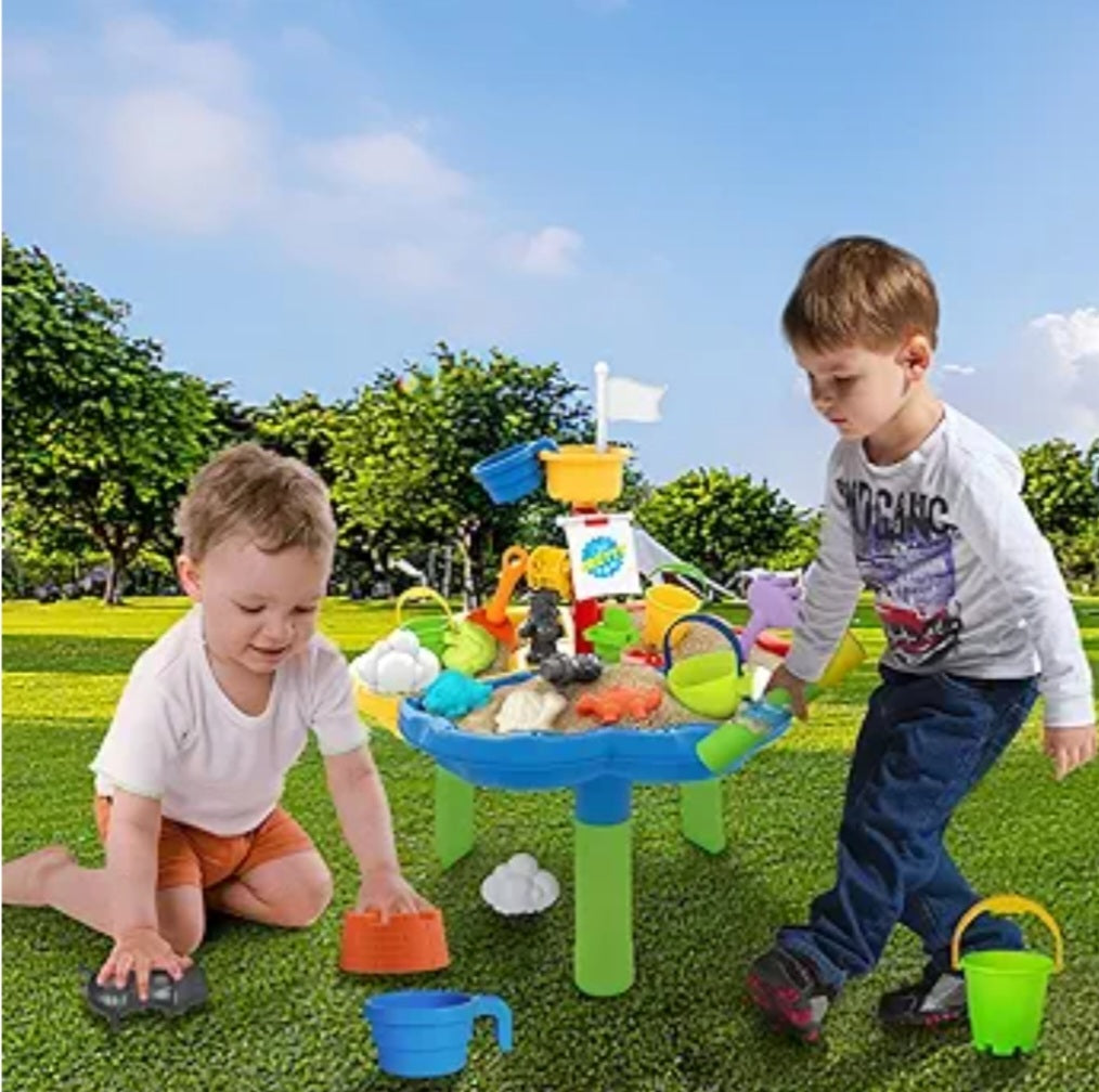 deAO Kids Sand and Water Table Sand Pit 31 Pcs Sand Toys Outdoor Toys Sand Water Toys Beach Toys Garden Toy Watering Can for Childs Girls Boys