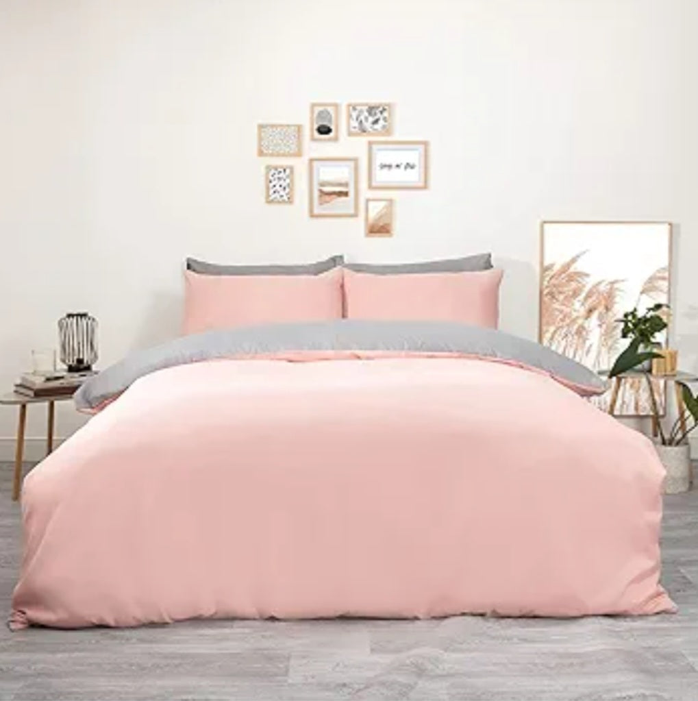 Plain Dye Duvet Cover Quilt Bedding Set With Pillowcase, Blush Pink Grey - Single