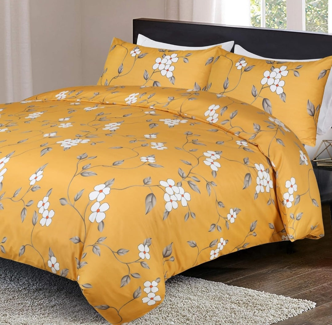 3 Piece Soft Brushed Microfiber Printed Quilt Cover Reversible Bedding Set with Pillowcases (Ochre Flower)