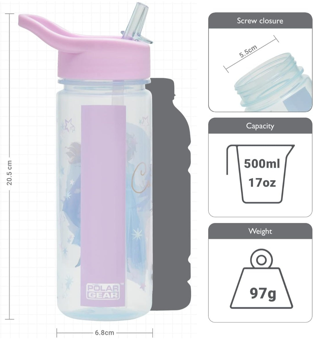 Frozen Magic Personalised Sticker Water Bottle with Straw 500ml