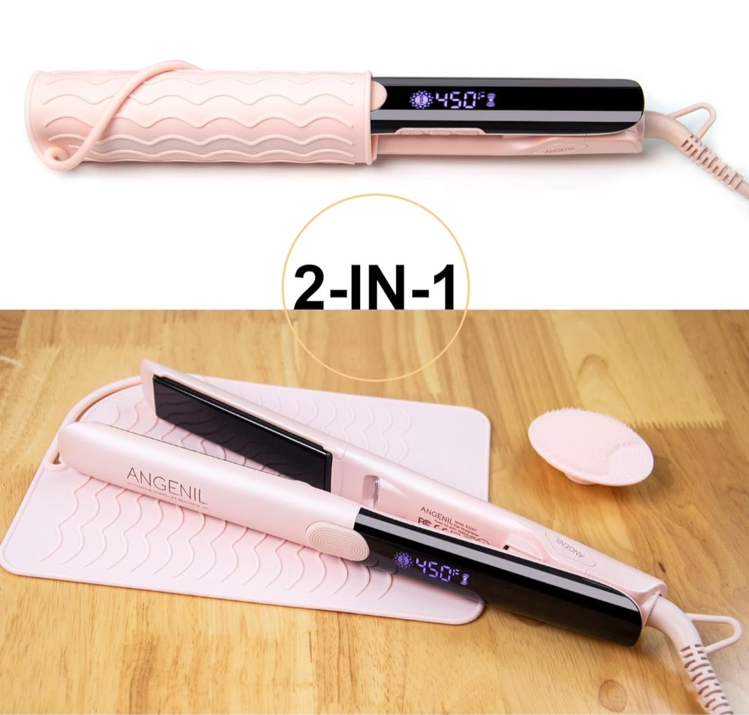 ANGENIL Pro Titanium Flat Iron Hair Straightener, Dual Voltage Straightening and Curling Iron in One,