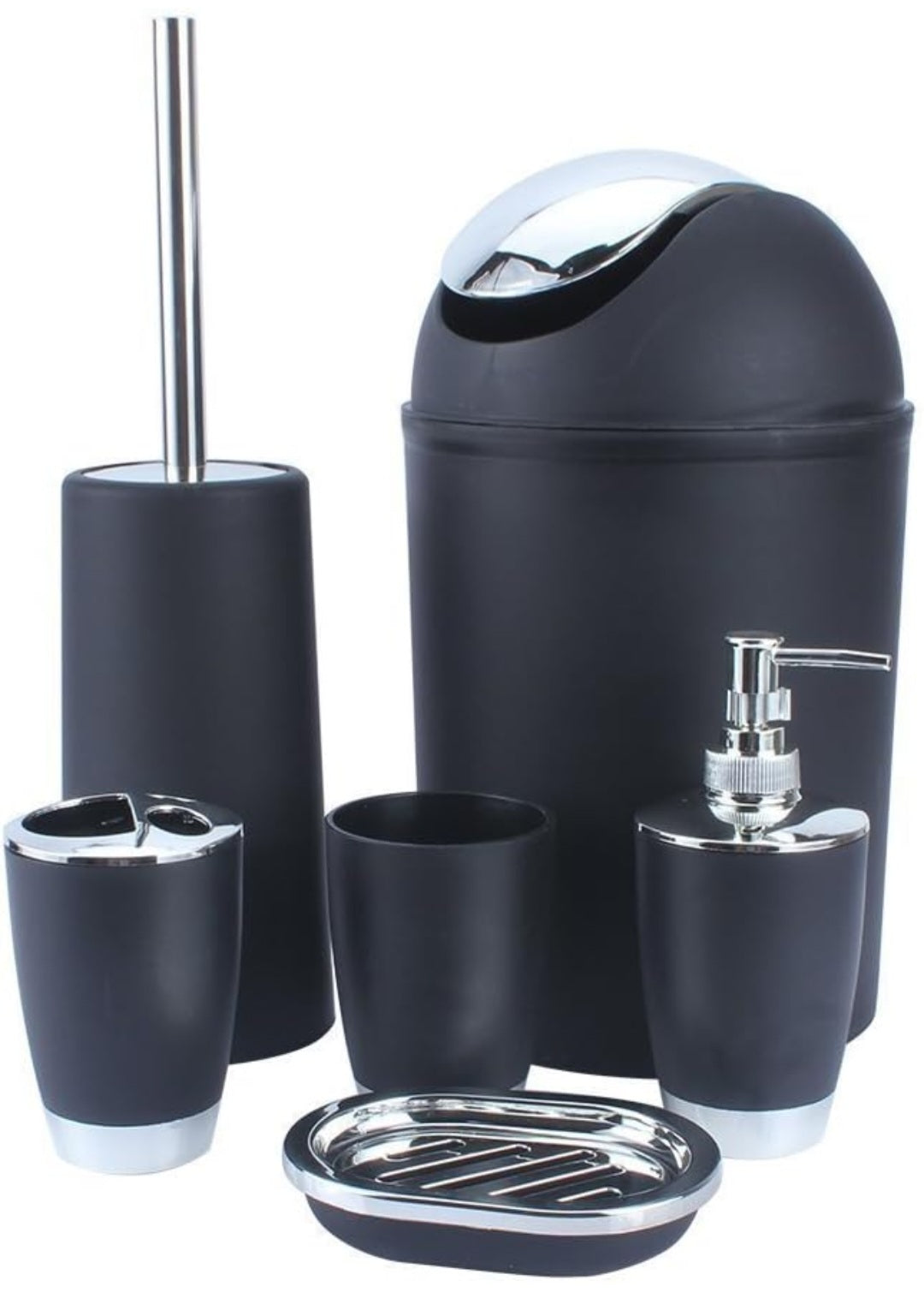 BATHROOM SET 6 PIECE ACCESSORY BIN SOAP DISH DISPENSER TUMBLER TOOTHBRUSH HOLDER (BLACK)