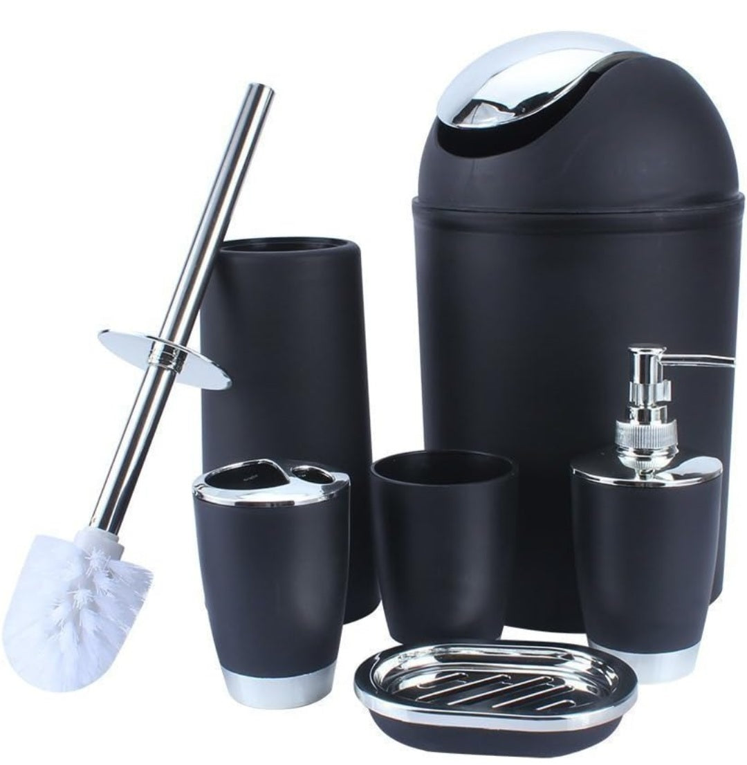 BATHROOM SET 6 PIECE ACCESSORY BIN SOAP DISH DISPENSER TUMBLER TOOTHBRUSH HOLDER (BLACK)