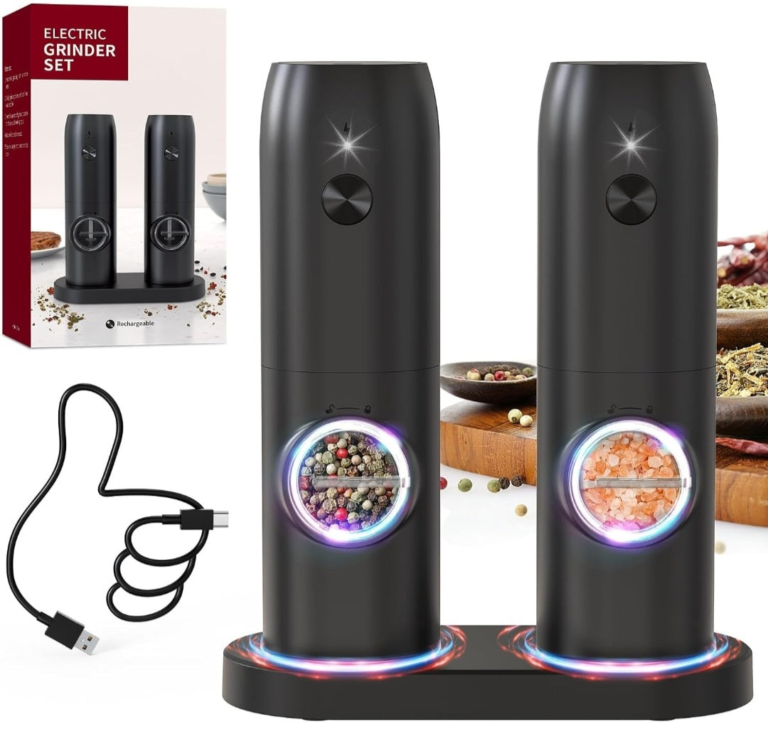 Electric Pepper Grinder Mills, USB Rechargeable Salt and Pepper Set with Base