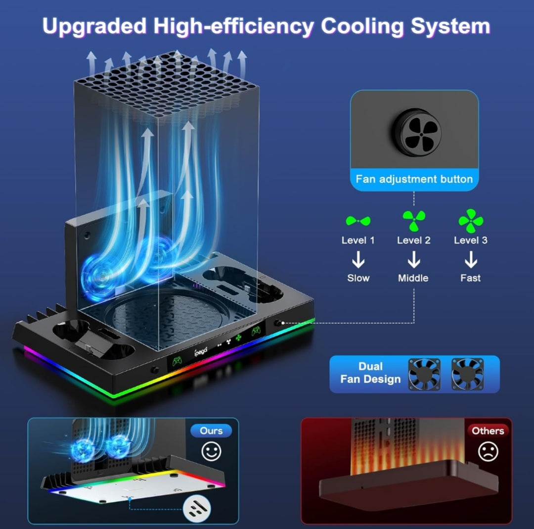 LED Cooling Stand and Charging Station for Xbox Series X Console ＆ Controller, Cooling Fan Station for Xbox Series X Accessories with 2x 1400mAh Rechargeable Controller Battery Pack, 15 Light Modes