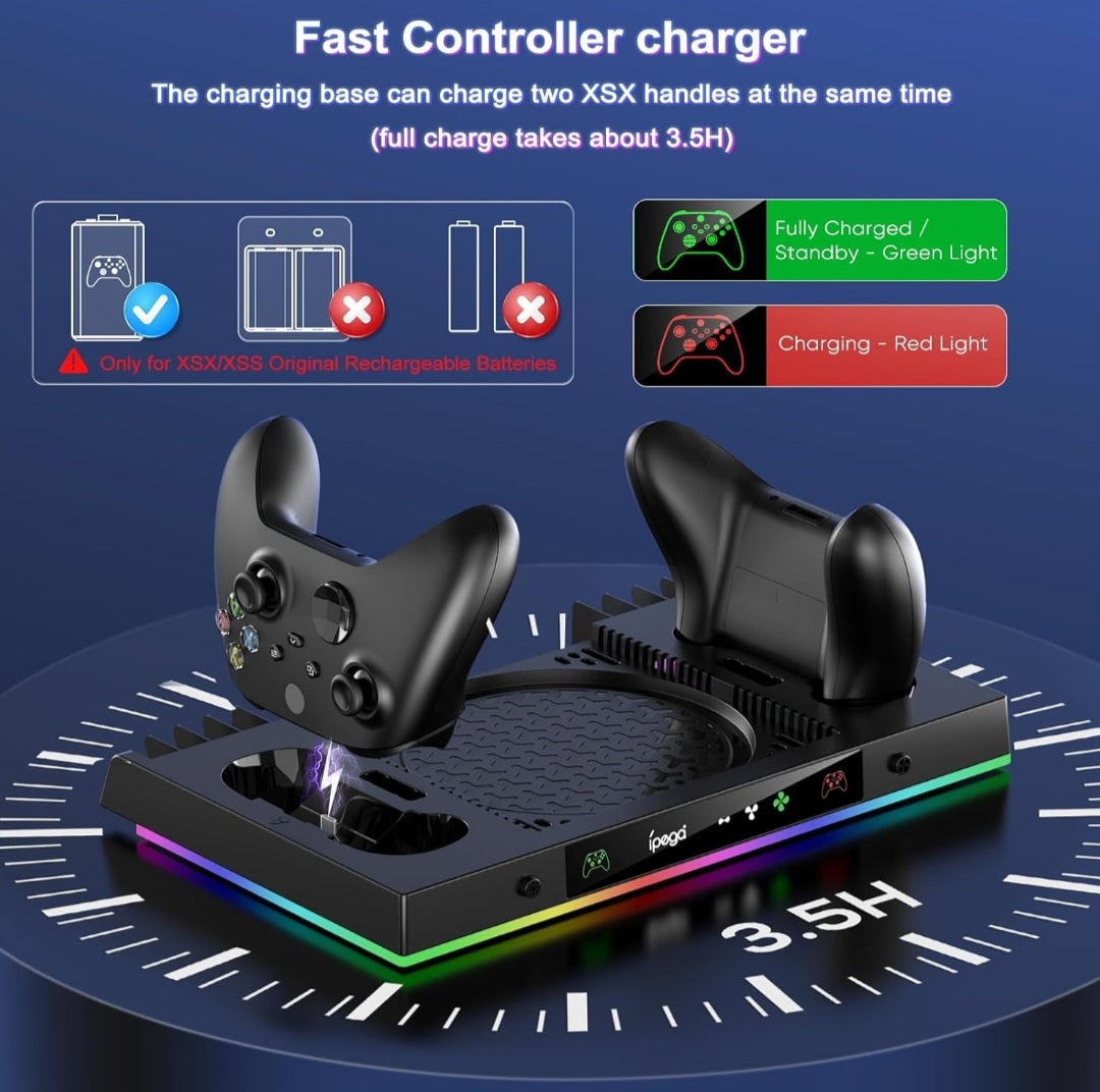 LED Cooling Stand and Charging Station for Xbox Series X Console ＆ Controller, Cooling Fan Station for Xbox Series X Accessories with 2x 1400mAh Rechargeable Controller Battery Pack, 15 Light Modes