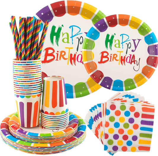 125Pcs Rainbow Birthday Party Tableware Set, Party Paper Plates Cups Napkins Straws Rainbow Birthday Party Supplies Kids Birthday Party Decorations for 25 Guests