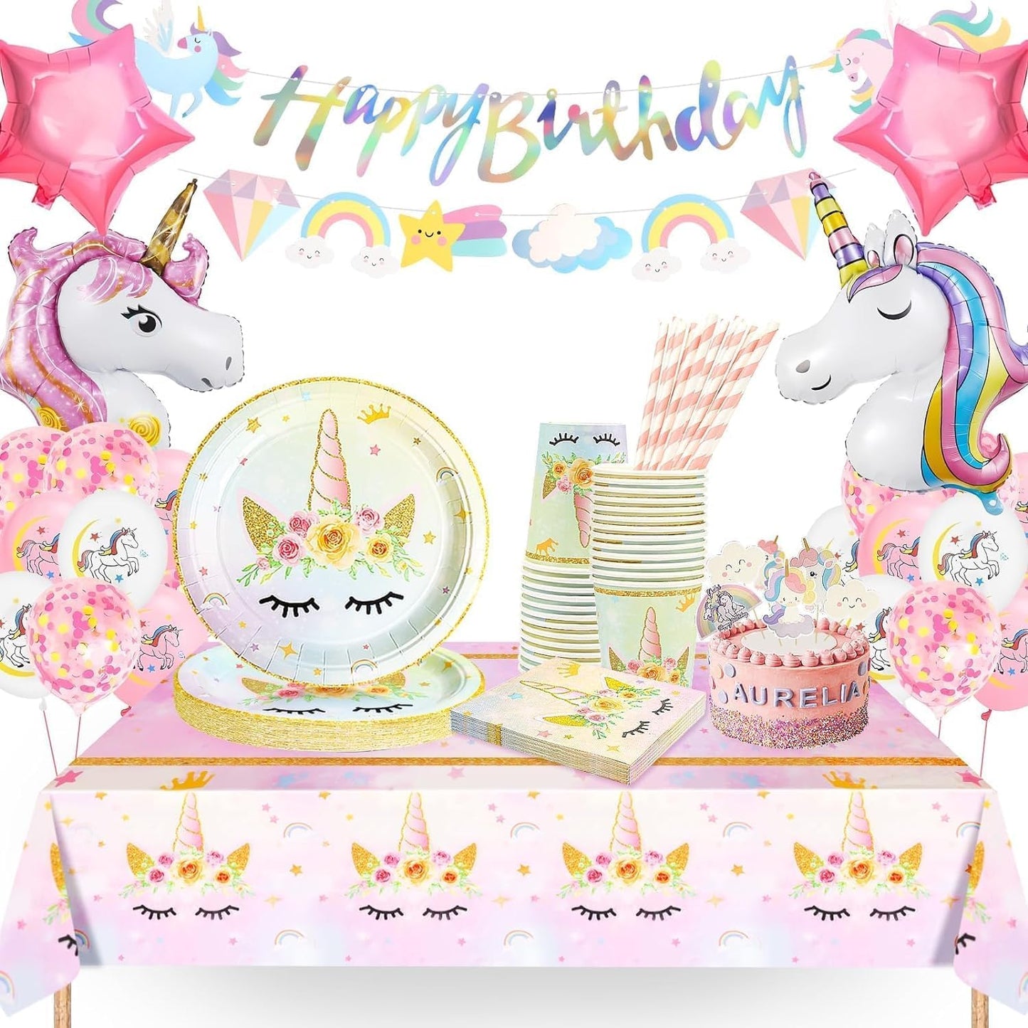 Happy Birthday Party Tableware Set, 96 PCS Party Decorations Set, Party Supplies Paper Plates Cups Napkins Table Cloth Birthday Banner Balloons for Birthday Party (16 Guests)