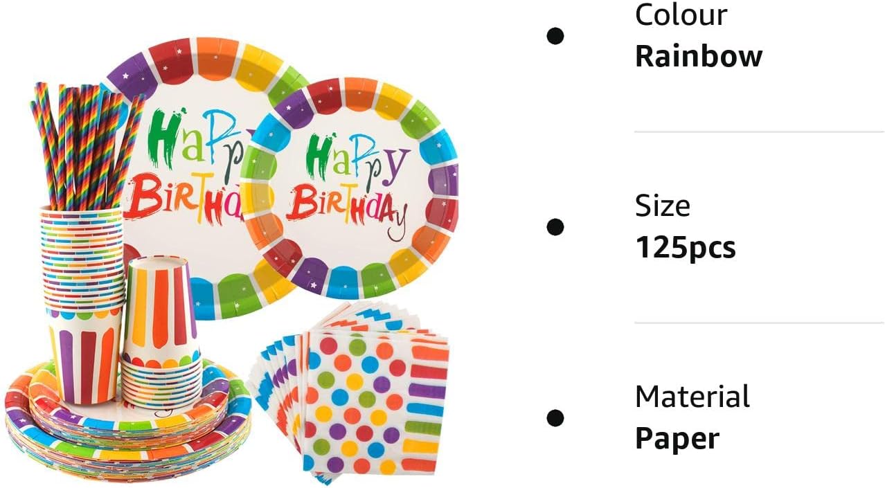 125Pcs Rainbow Birthday Party Tableware Set, Party Paper Plates Cups Napkins Straws Rainbow Birthday Party Supplies Kids Birthday Party Decorations for 25 Guests