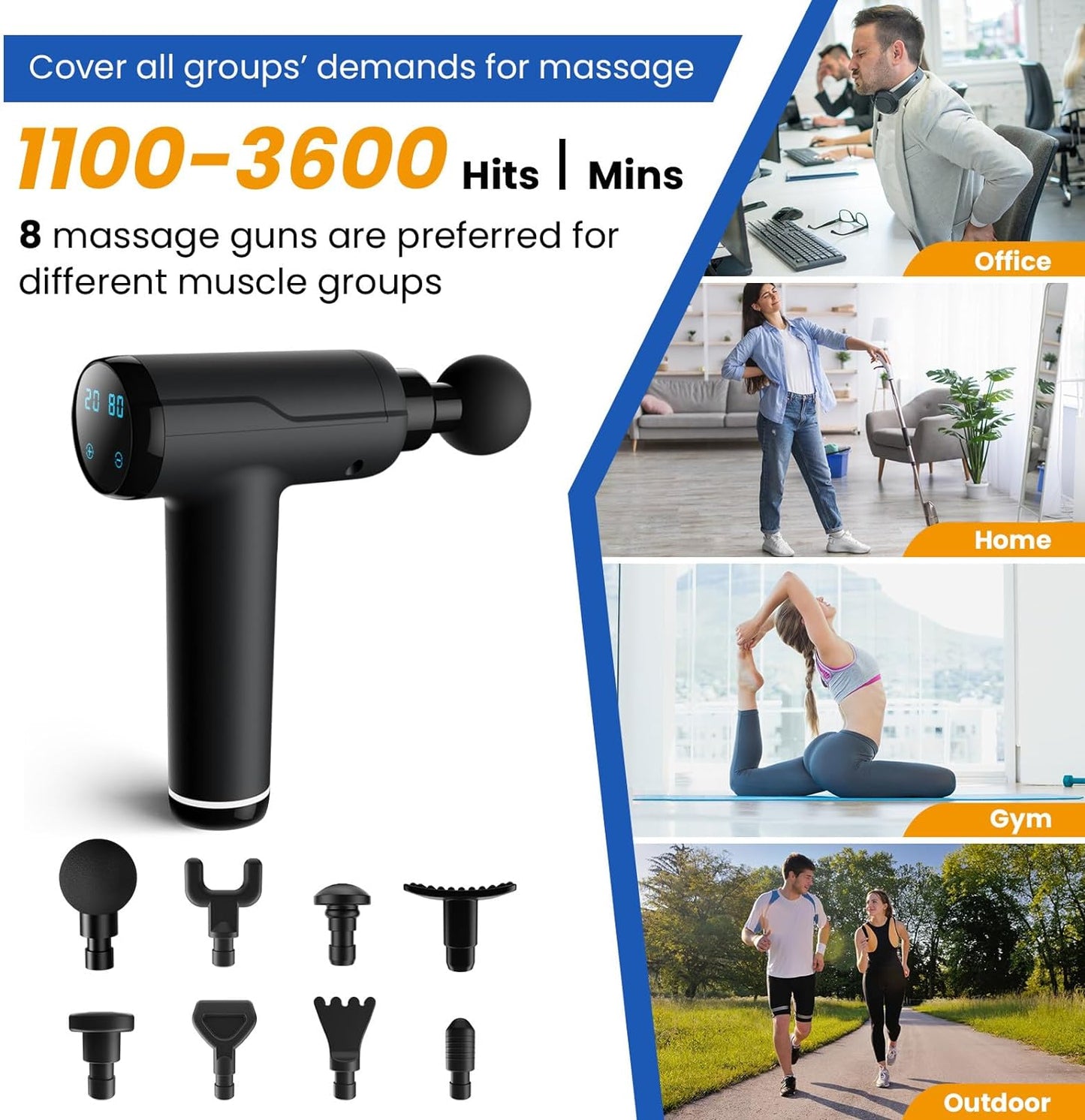 Massage Gun Deep Tissue, Portable Muscle Massage Device with 8 Massage Heads, 2024 Massager 20 Speeds with LCD Touch Screen, Featuring Quiet Glide Technology, Powerful Cordless Percussion