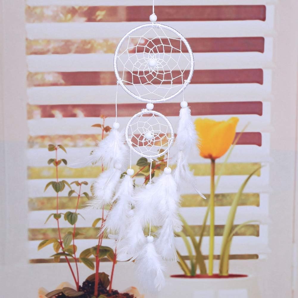 Dreamcatcher, Handmade Ornaments Dream Catcher Wind Chimes Indian Style Beads Feather Pendant Home Wall Window Decor for Bedroom Wedding Decoration White