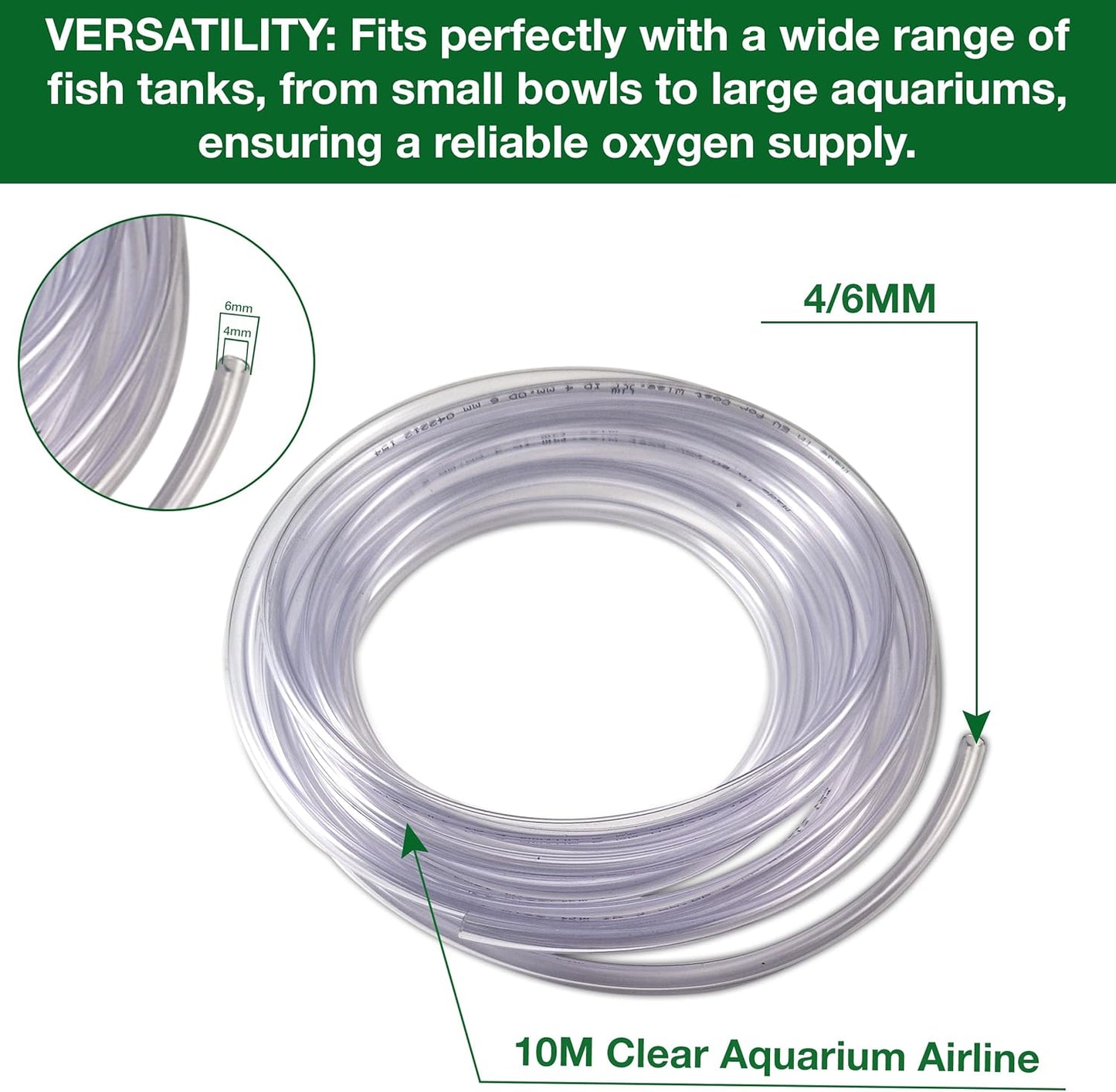 MYPURECORE 10M Clear Aquarium Airline PVC Food Grade Tube - 4/6MM Oxygen Tubing for Fish Tanks, Soft Aquarium Tubing Air Hose, Air Pump Accessories.