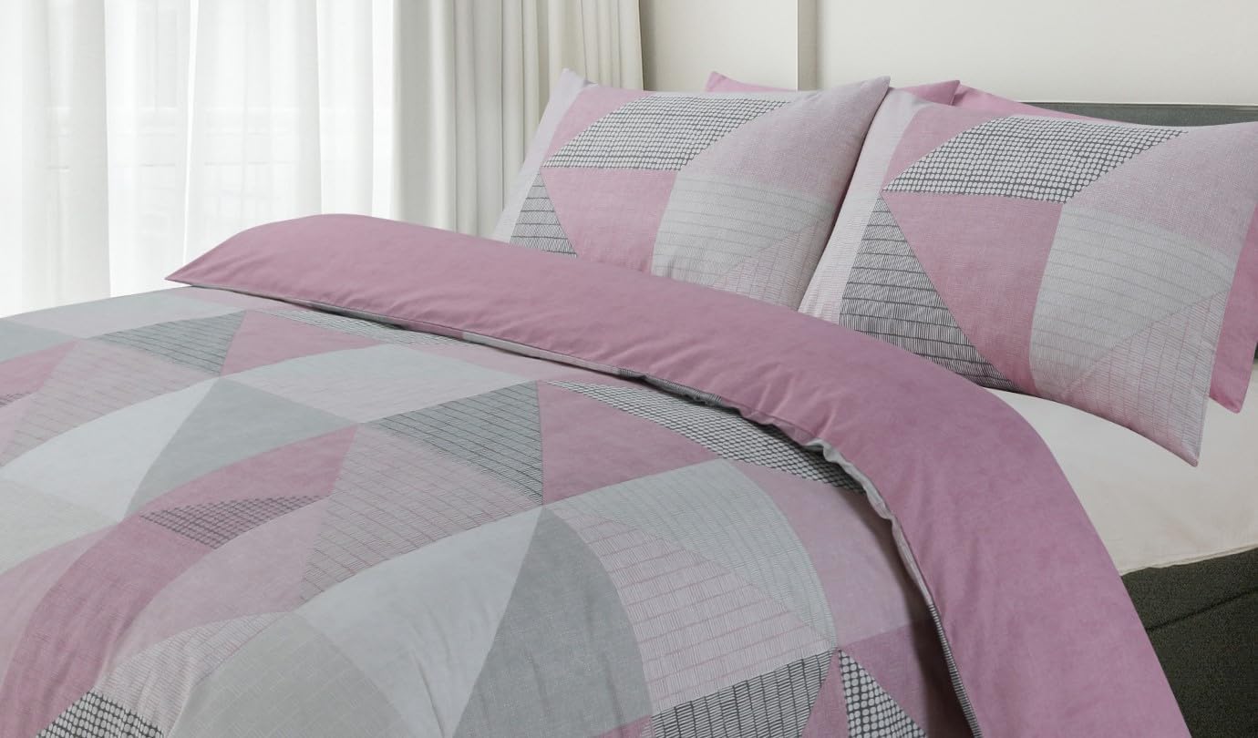 Matrix Geometric Pink Grey Double Duvet Set Reversible Easy Care Cotton Blended Bedding (Pink, Double)