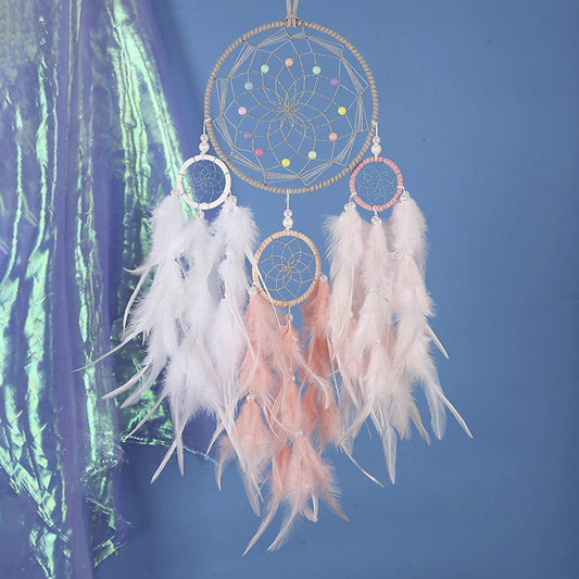 Dream Catcher for Girl Pink, Handmade Romantic Unique DreamCatcher Beads and Feathers Wall Hanging Ornament Gift for Bedroom