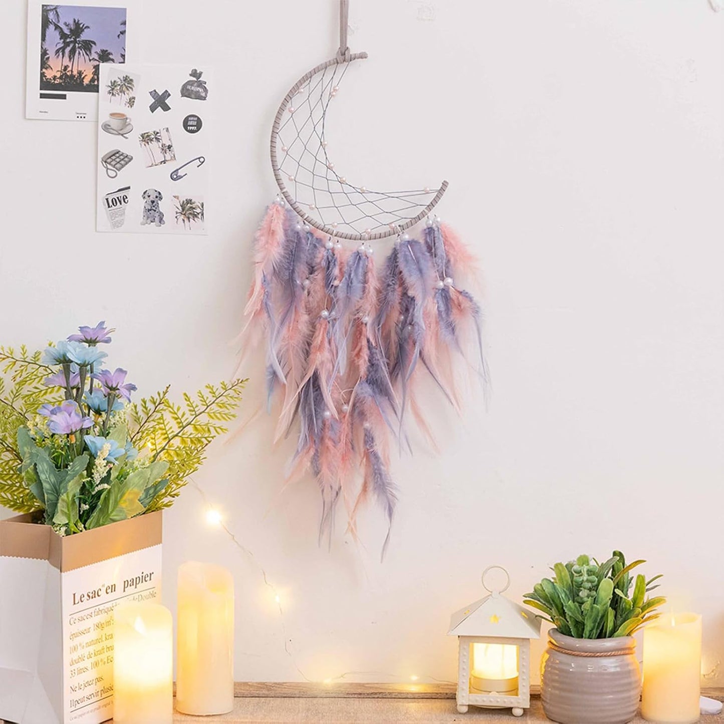 Moon Dream Catcher, Hanging Ornament, Feather Dream Catcher, Bedroom Wall Decor, Dream Catchers, Bedroom Wall Hanging, Ornament Craft Gift, for Blessing Gifts Wedding