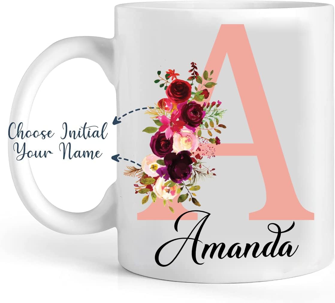 Personalised Floral Mug Stylish Initial with Name